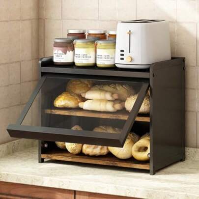 Panera para Pan para Encimera de Cocina Exhibidor Vitrina para Pan 2 Capa Caja de Pan con Ventana Transparente de Visualización Panera de Metal Organizador de Cocina Frutas y Verduras