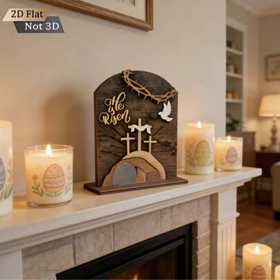 2D Wooden Easter Decor - "He Has Risen" Theme, Includes Empty Tomb & Cross Design, Suitable For Home, Church, Office, Shelves, Desks, Tiered Trays, Creates Easter Holiday Party Atmosphere, 2D Flat Design