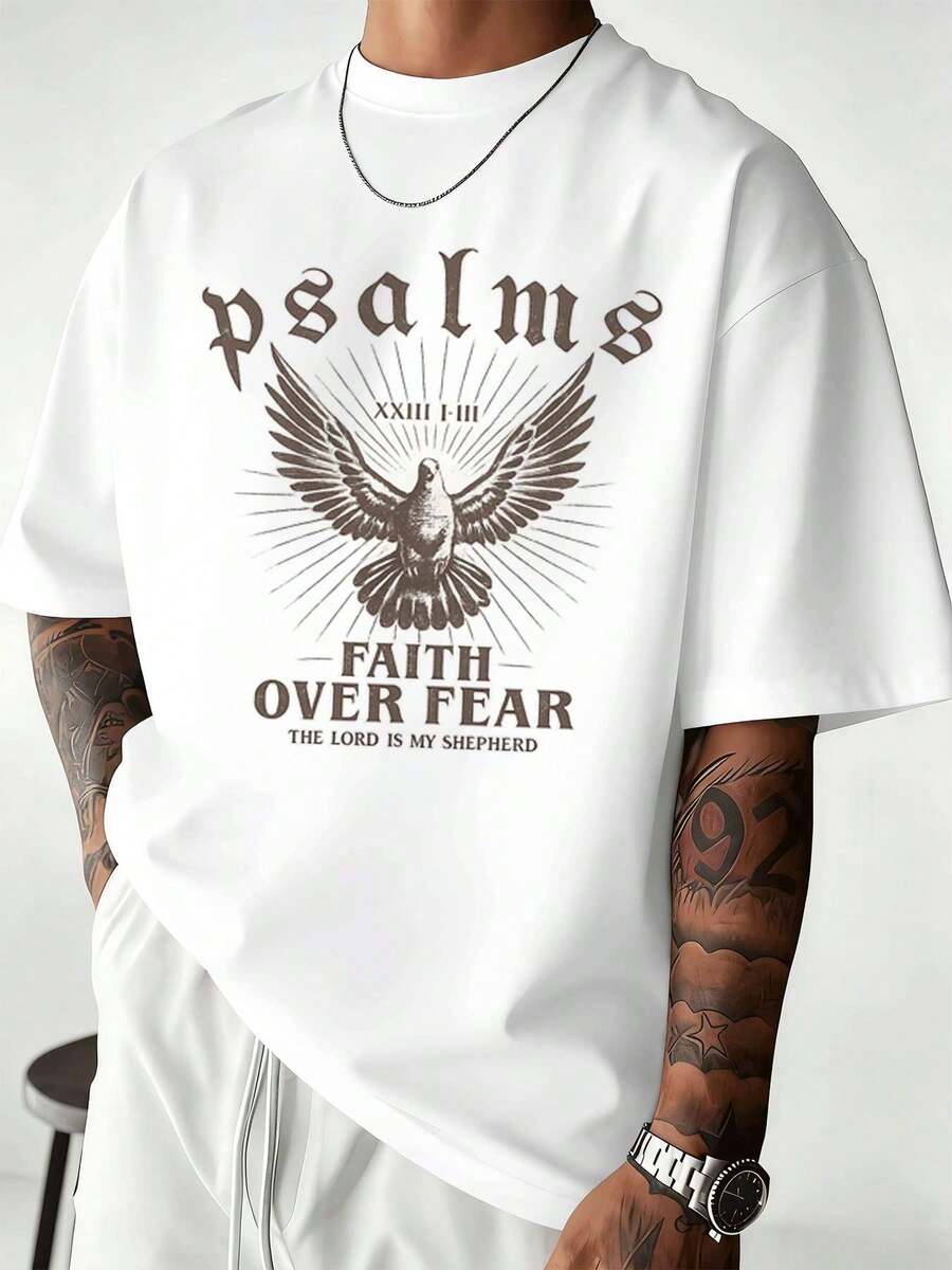 Faith Over Fear Dove Psalms Scripture T-Shirt Soft Cotton Casual Comfortable Durable Graphic Design New Release - Branco - Ver 1