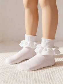 1 Pair Girls/Kids Ruched Floral Trim Ankle Socks, Princess Baby Socks - White - View 2