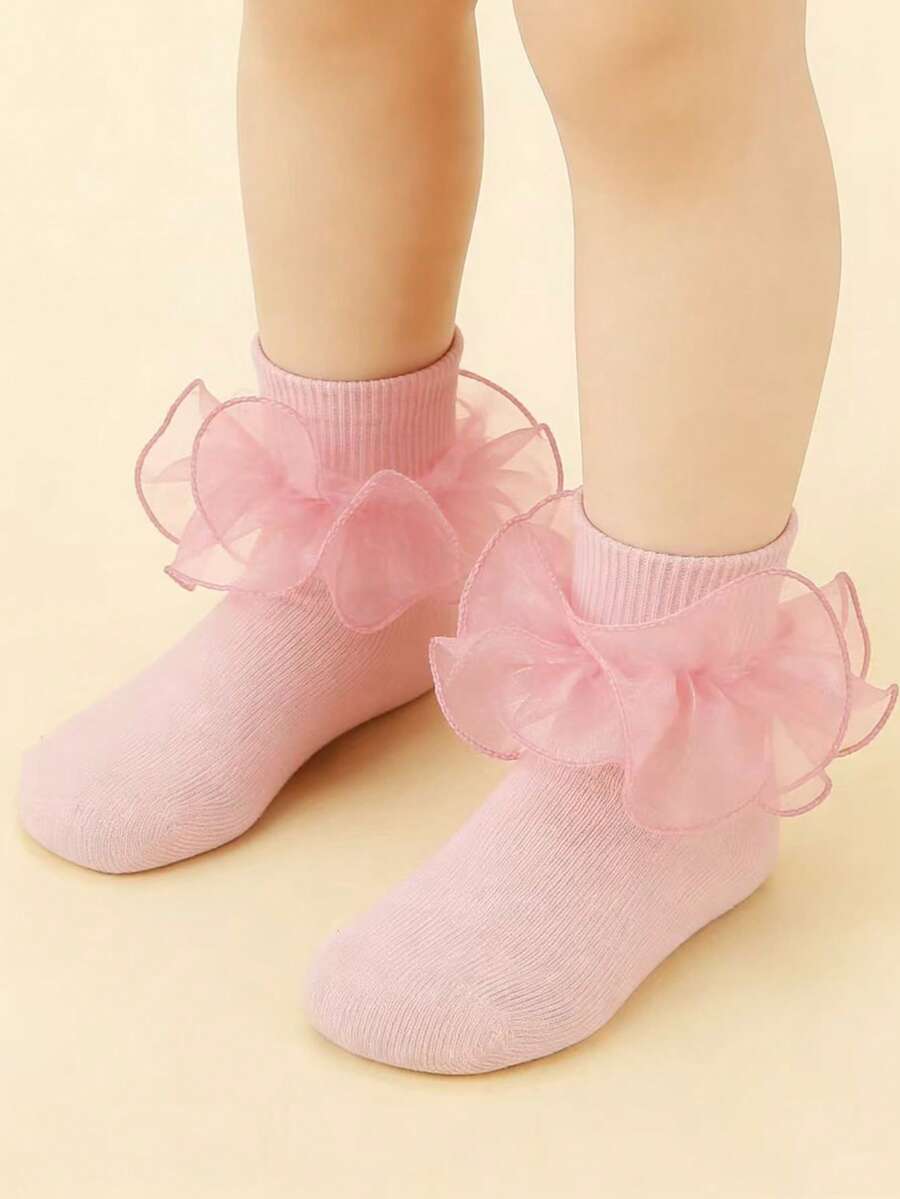 1 Pair Girls Princess Pink Ruched Floral Lace Trim Socks - Pink - View 1