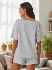 Women Summer Pajama Set Solid Color Off Shoulder Short Sleeve Tops and Mini Shorts 2 Piece Lounge Outfit - Gris - Ver 6