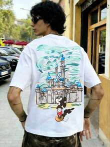 Disney Official Licensed Mickey Mouse Starry Night Castle Graphic T Shirts 100 Percent Cotton Disney Shirt Washed 220g Unisex - 白色 - 查看 2