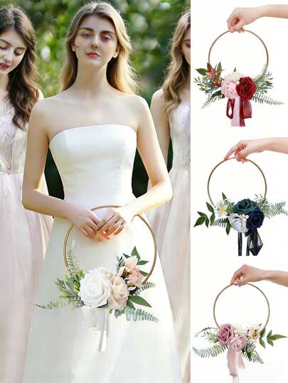 1pc Metal Rose Flower Wreath, Suitable For Wedding Bride, Bridesmaid Silk Flower Hoop, Bridal Bouquet, Outdoor Wedding Bridesmaid Artificial Flower Wreath, Wedding Decor, Artificial Flower Wreath, Outdoor Wedding Flower Hoop, Photography Prop, Wedding Dress Accessory