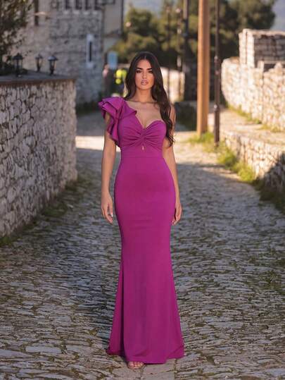 Faeriesty 女士优雅单肩荷叶边正式长裙，修身剪裁，适合宴会、时尚派对、正式场合、时尚摄影、特殊晚宴等场合。