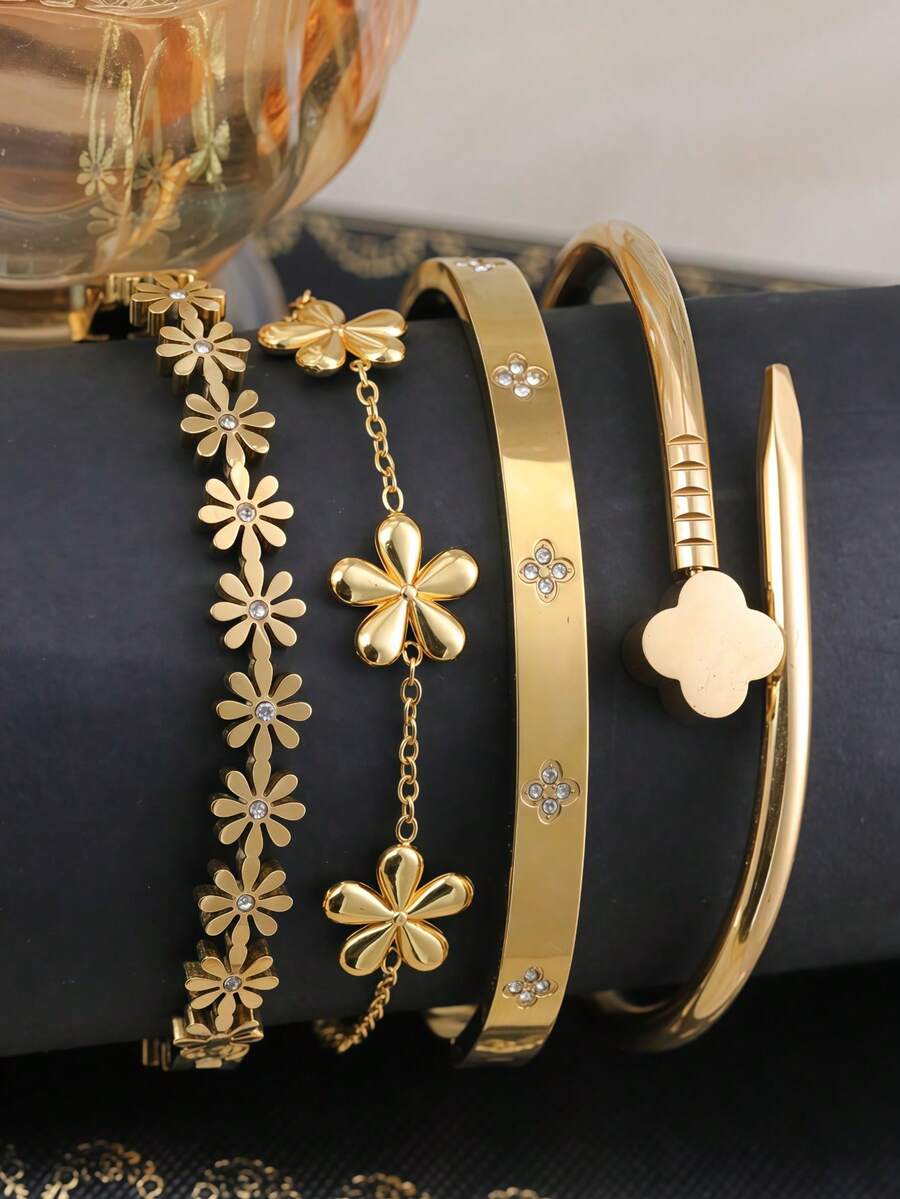 Bộ 4/3/1 vòng tay thép không gỉ mạ vàng 18K, phụ kiện sang trọng và thanh lịch, phù hợp cho nữ giới, các bữa tiệc, họp mặt, hòa nhạc, làm quà tặng, tiệc bãi biển. - Vàng - Xem 1