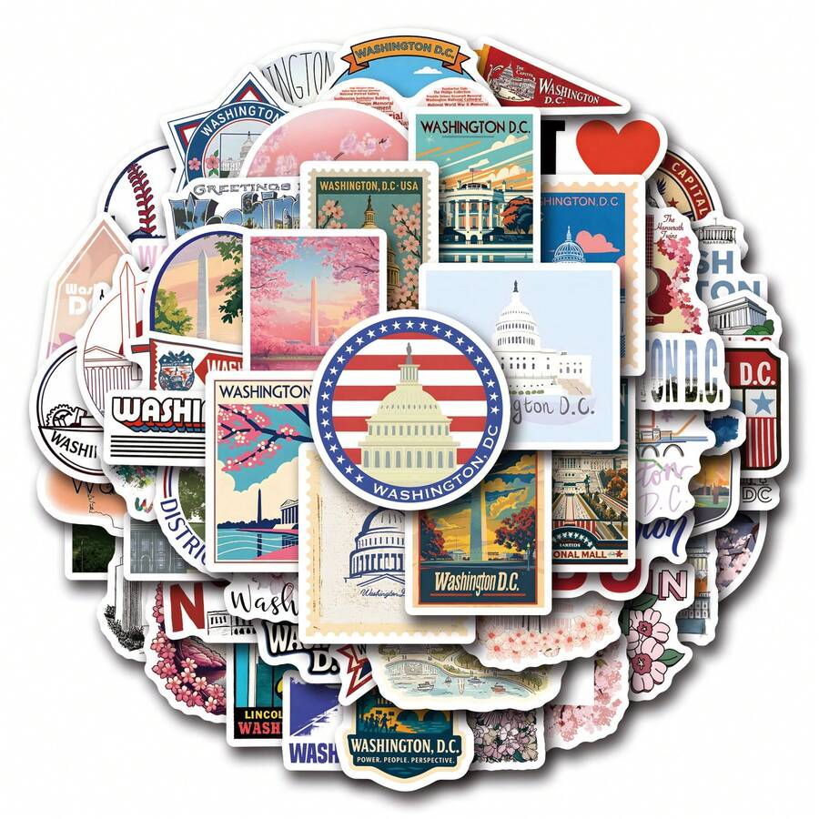 62pcs Washington Dc Vinyl Stickers, Beautiful And Practical, Suitable For Scrapbooks, Diaries, Bumpers, Skateboards, Water Bottles, Helmets, Water Cups, Car Stickers, Etc. - Random - View 1