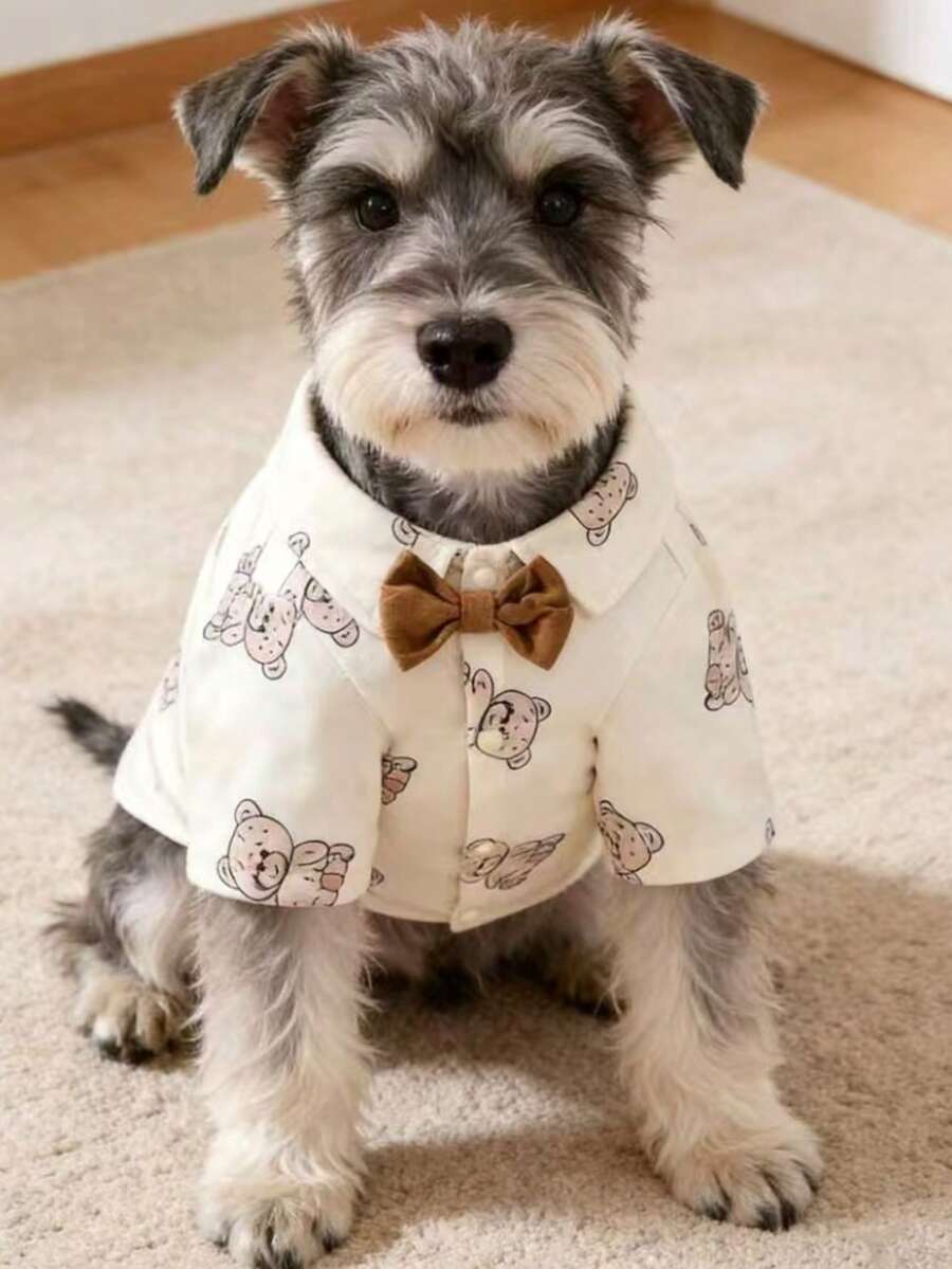 1件可爱小熊图案领结，宠物狗猫衬衫衣服，春秋季 - 米色 - 查看 1