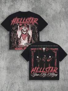 Plus Size Hellstars Cowboy Skull Show No Mercy Vintage T-Shirt Double Sided Printed (220g 100% Cotton T-Shirt),Summer Clothes, Men's Tops, Casual And Comfortable, Fashionable Graphic Tee, Unisex Style - Black - View 1