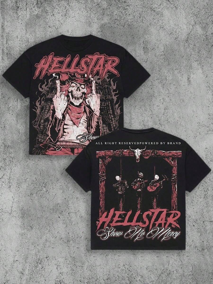 Plus Size Hellstars Cowboy Skull Show No Mercy Vintage T-Shirt Double Sided Printed (220g 100% Cotton T-Shirt),Summer Clothes, Men's Tops, Casual And Comfortable, Fashionable Graphic Tee, Unisex Style - Black - View 1