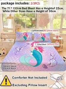2/3PCS Pink Hair Princess Fitted Sheet Set For Girls, Underwater Scales Bedding, Deep Pocket Mattress Cover With Pillowcases - Multicolor - View 3