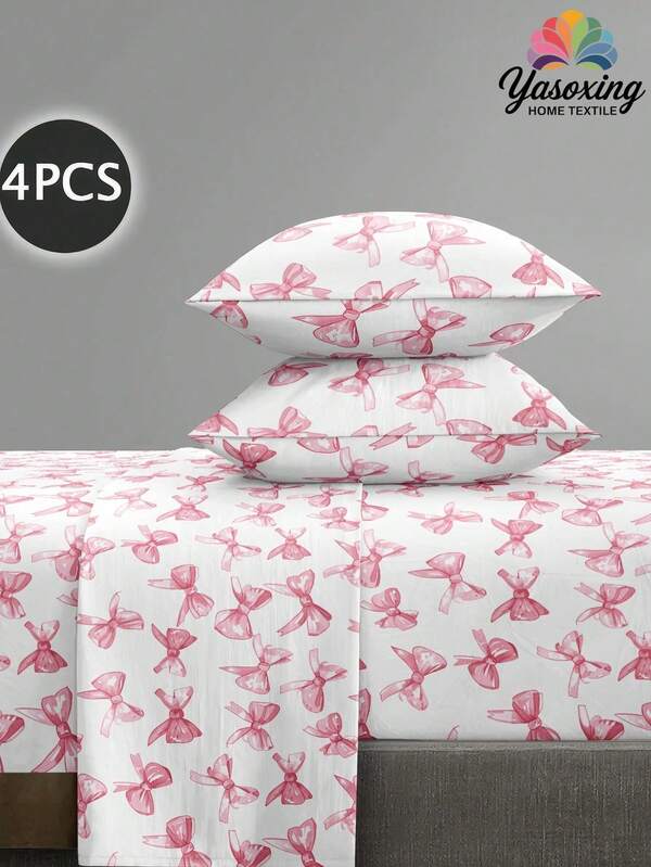 4pcs Pink Bow Bedding Set, Made Of Easy-Care Microfiber Fabric, Soft & Comfortable, Includes 1 Flat Sheet + 1 Fitted Sheet + 2 Pillowcases, Fits Twin/Full/Queen/King Size Mattress Up To 11.8 Inches, Breathable & Wrinkle-Resistant, Luxury Hotel Style, Suitable As Gift For Mom, Dad, Friends Or Girls