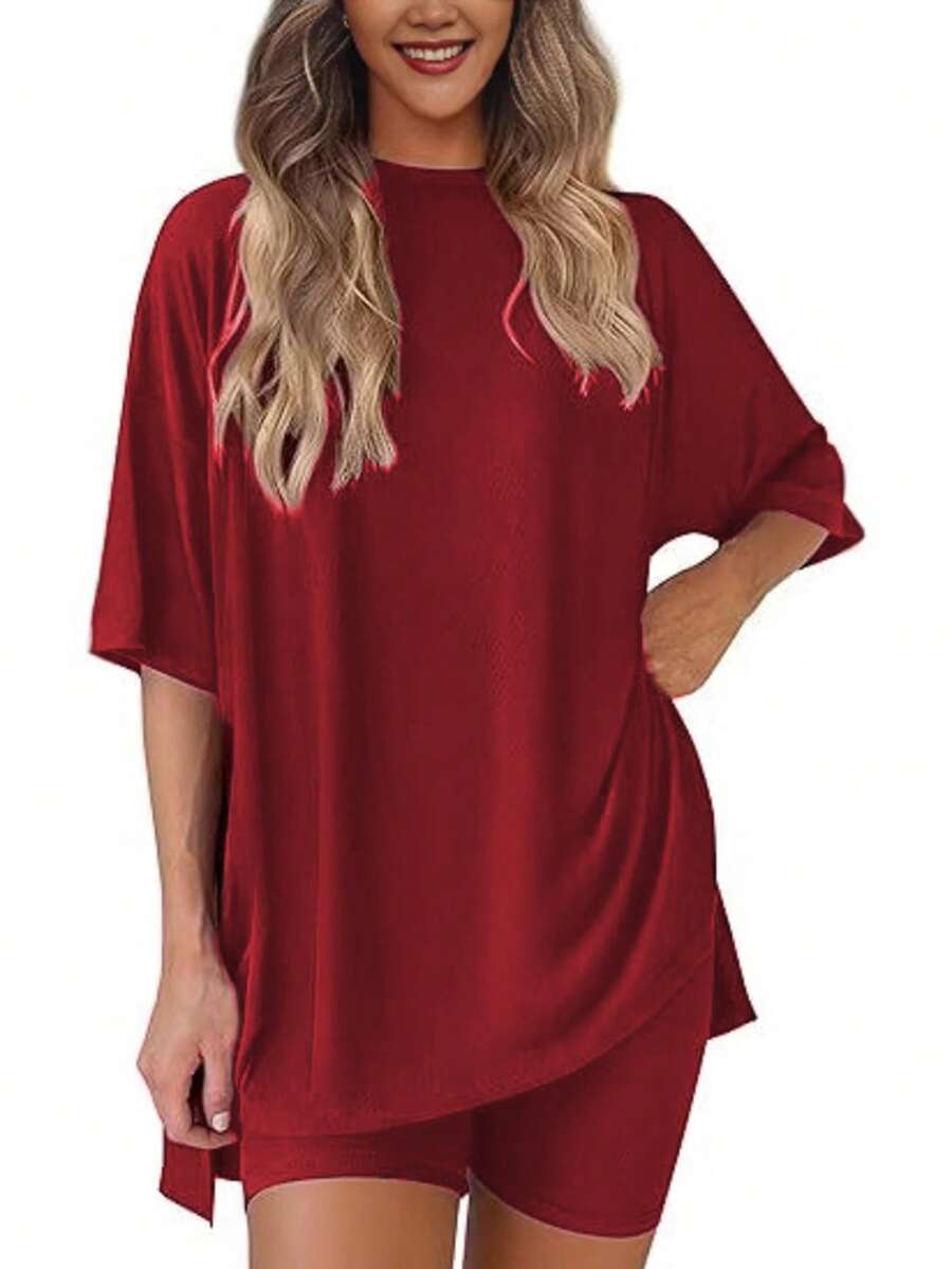2件套 女士休闲宽松纯色短袖短裤睡衣套装 - 酒紅色 - 查看 1