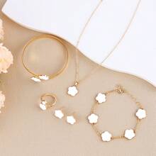 1件套韩式优雅五瓣花首饰套装，珐琅幸运花项链/耳环/手链/手镯/开口戒指，甜美女孩礼物 - 彩色 - 查看 8