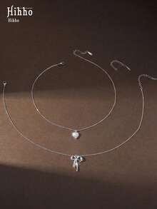 Hihho 2pcs Luxury Style Heart & Bow Layered Necklace, Gentle Commuting Jewelry - Heart-shaped Bow - View 4