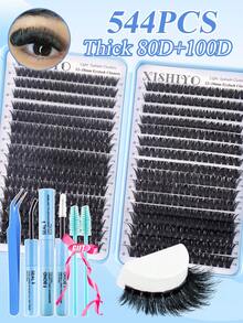 544pcs Clusters D Curl 80D+100D Individual Eyelashes Extensions Kit With Adhesive, Tweezers And Tools For Beginners And Professionals, Soft And Natural Looking Wispy Lash Extensions Set, DIY At Home Segmented Lashes - Multicolor - View 3