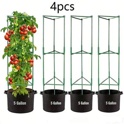 4个大容量种植袋，适合种植土豆、辣椒、花卉和西红柿，园艺风格设计，采用耐用的无纺布制成，容量为18.93升，双提手，适合室内和室外种植，带有排水孔，厚度为350克。