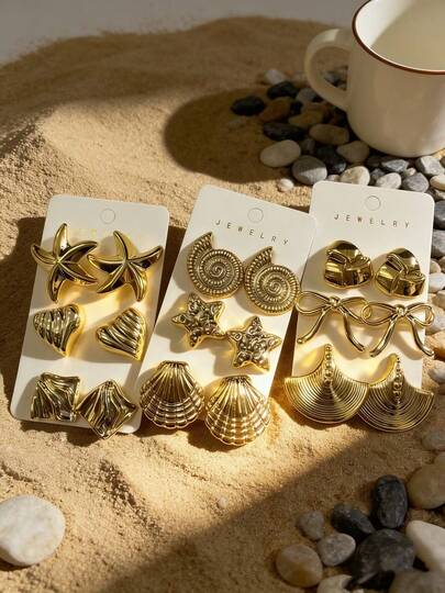 1-9 Pairs Of New European And American Vacation-Style Shell Earrings Set, Featuring Stars, Sea Stars, Hearts, Irregular Shapes, And Bowknots. Made From High-Quality Plastic, They Are Suitable For Daily Gatherings And Vacation Wear.