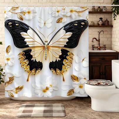 Black Gold Butterfly White Flowers Shower Curtain Elegant Bathroom Decor, Luxury Bathroom Set With Shower Curtain, Waterproof Bathroom Curtain, Refined Bathroom Decor, Bathroom Set Including Shower Curtain, Black White Bathroom Curtain, Ornate Bathroom Partition Curtain, Floral Bathroom Decor, Thick Fabric Bath Curtain, Sophisticated Bathroom Set For Home