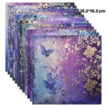 12/24pcs Gold Butterfly & Purple Floral Stickers, 15.2*15.2cm, Acid-Free Woodfree Handmade Paper, DIY Scrapbooking Gift Wrapping Decor, Home Living Room Wall Decor, Butterfly Theme Decorative Paper - Purple Memories - View 10