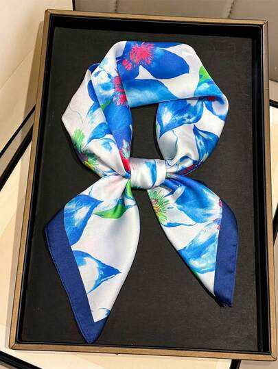 1pc New Watercolor Floral Print Scarf 70cm, Faux Silk Square Scarf For Women, Suitable For Professional Wear, Vacation, Outdoor Activities, Dating, Street Dance, Travel, Photography