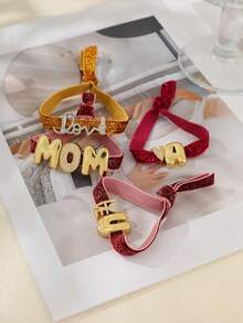 1pc Elegant Deep Pink Copper-Plated Zirconia Letter "A MOM U" Heart-Shaped Sequin Elastic Bracelet, Suitable For Mother's Day, Festivals Or Daily Wear, Thoughtfully Designed Mother's Day Jewelry Gift For Mom And Sisters - Multicolor - View 7
