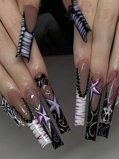 24pcs Super Long Coffin Nail Tips, Multi-Color Sweet Girl Style With Silver Lines, Colorful Pentagram, Chic Baddie Vibe With Black Bow & Rhinestones, Includes 1 Nail File & 1 Jelly Gel, Suitable For Festivals, Daily Wear, School, Office Press On Nails