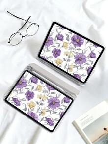 1pc Purple & Yellow Floral Pattern Painted Tablet Case, Compatible With IPad Mini 4/5/6/7, Air, 9.7/10.2/10.5, Air 4/5, Pro 11", 10th Gen, Air 11" (M3) 2025, 11" (A16) 11th Gen 2025, Galaxy Tab A8 10.5" 2022. Includes Pencil Slot, Tri-Fold Stand, TPU Soft Edge Protection, Magnetic Sleep/Wake, Minimalist/Elegant/Fun/Personalized/Creative Design - Multicolor - View 5