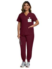 制服套装，手术服，女士手术服，护士及美容院工作服，临床手术服上衣和裤子套装，女士制服，优雅短袖V领护士上衣和束腰裤套装（春季款） - 酒紅色 - 查看 8