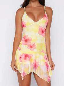 Summer Cute Party Strappy Mini Dress Women Sleeveless Asymmetric Sheer Hem Floral Pattern Elegant Vacation Dress - Yellow - View 8