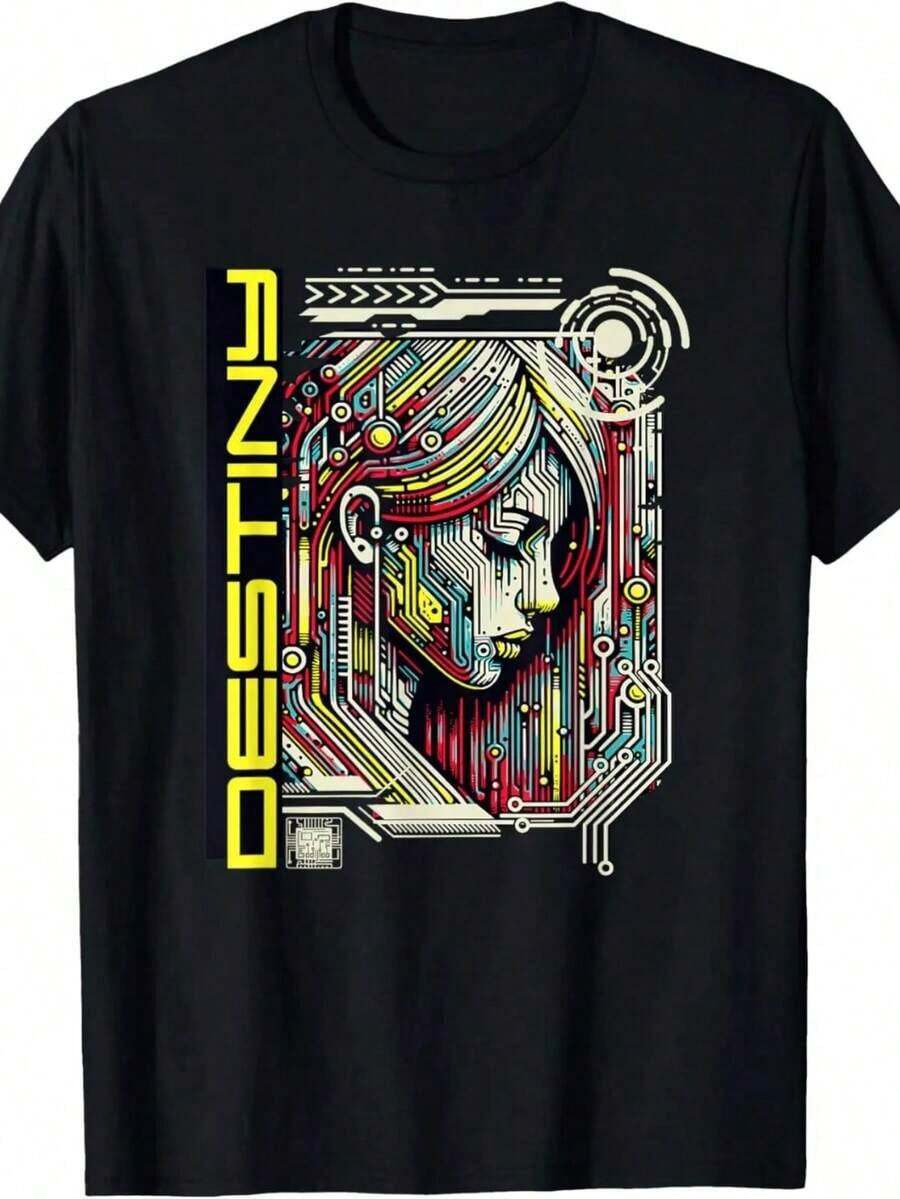 Cyber Anime AI Art Micro Chip Computer Futuristic Cyber Girl T-Shirt - Black - View 1