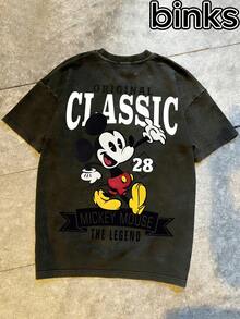 Disney Mickey Mouse Printed Short Sleeved T-Shirt, Washed Retro Style, Breathable, Loose, Casual, Suitable For Daily Home Use, Short Sleeved Men's Spring And Summer Top. - 黑色 - 查看 3