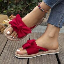 Women's Bow Decor Flat Sandals, Lightweight Summer Flip Flops, Comfortable & Fashionable Ladies Beach Shoes, Round Toe Peep Toe Strap Women Flat Sandals - Red - View 2