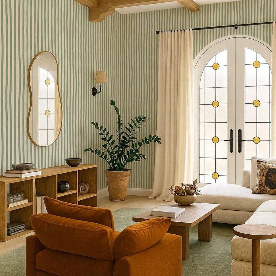 Beige And Sage Green Peel And Stick Striped Wallpaper - 1PC - View 1