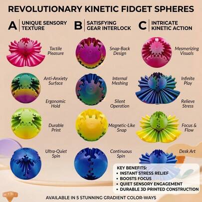 5个3D齿轮球减压玩具，蒸汽朋克旋转魔法减压齿轮球玩具，适合办公室、家庭、圣诞节礼物、派对礼品