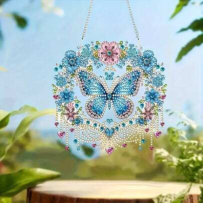 2D Flat Floral Wreath & Butterfly Pattern Diamond Painting Wall Decor, 5D Asymmetrical Shape Crystal Diamond Embedded Painting Hanging Decor, Acrylic Craft, Holiday Gift, Handmade Creative Art For Home Desktop Decoration
