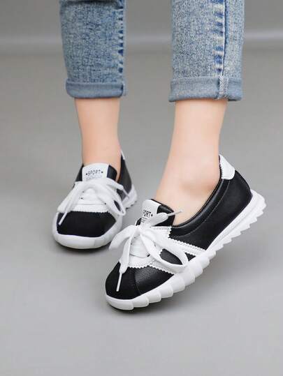 Girls' Casual Leather Lace-Up Sneakers - Black & White Retro Style, Soft Sole Comfort Shoes For School & Play