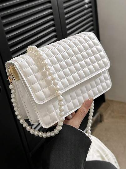 2026 Nuova Borsa a Spalla Bianca Mini per Donna, Borsa a Tracolla Quadrata Minimalista alla Moda con Catena di Perle, Versatile per Uscite, Appuntamenti, Uso Quotidiano