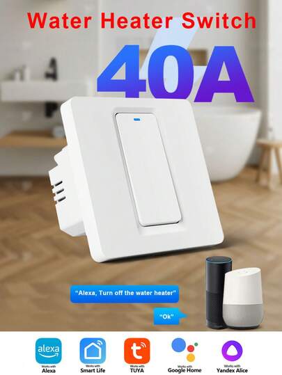 符合欧盟标准的 40A ZigBee 智能热水器开关，兼容 Alexa/Smart Life/Tuya，支持 APP 远程控制、语音控制和定时控制，带背光触摸屏，分体式快速安装，阻燃 PC+ABS 材质，需搭配网关使用。
