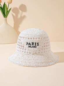 1 件女士时尚波西米亚倒三角字母刺绣“Paris Milano”手工钩编草帽，适合海滩度假装 - A - 查看 8