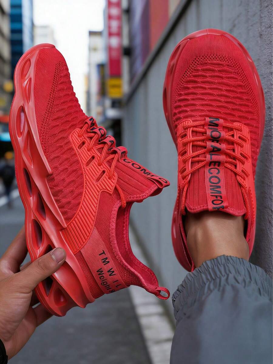 Red Men's Comfort Sneakers Soft Knit Upper EVA Foam Sole Breathable Casual Shoes For Everyday Wear And Light Exercise - 紅色 - 查看 1