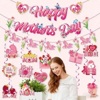 Kit de decoração com banner e espirais decorativas para o Dia das Mães, com estampa floral rosa e borboletas, para festa da mamãe.