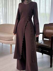 2pcs Women's Elegant Solid Color Top And Pants Set, Casual Commuter Outfit With Slit - Purple - View 6