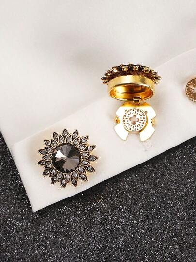 2pcs Set Rhinestone Heart Flower Shirt Cuff Buttons, Luxury Elegant Floral Collar Clips, No-Sew Button Clips, Fashion Clothing Accessories Cufflinks, Suitable For Wedding, Party, Business, Birthday, DIY Holiday Gifts