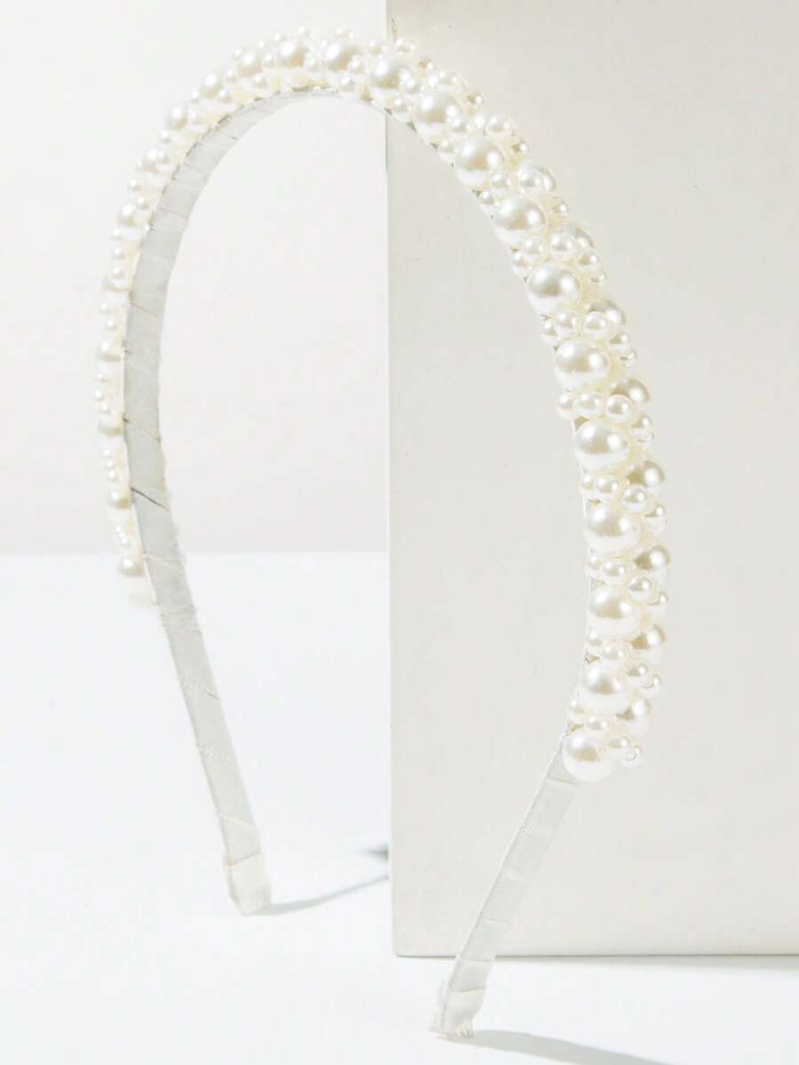 1pc Korean Style Handmade Wrapped Faux Pearl Headband, Beige Color Accessory Suitable For Daily Wear Hairband Hair Hoop - FG253 White - View 1