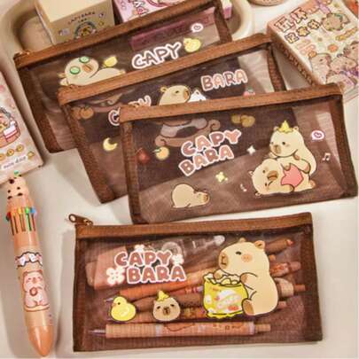 可爱卡通水豚图案网状透明铅笔盒，大容量萌萌仓鼠拉链收纳袋，适合女孩、上学、旅行、日常用品、学习用品，可爱动物设计