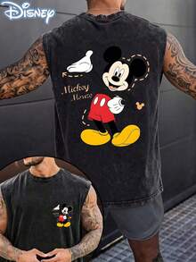 Disney Official Licensed Mickey Mouse Unisex Acid Wash Sleeveless T-Shirt, Mickey Waving Graphic Tank Top, 230g Heavyweight Cotton Blend, Casual Vacation Top, Breathable Summer Wear - 黑色 - 查看 1