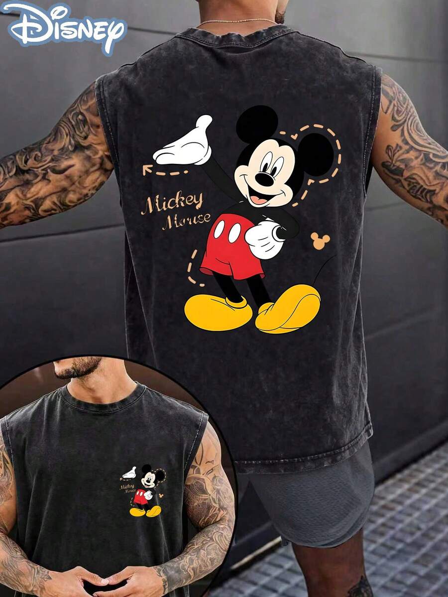 Disney Official Licensed Mickey Mouse Unisex Acid Wash Sleeveless T-Shirt, Mickey Waving Graphic Tank Top, 230g Heavyweight Cotton Blend, Casual Vacation Top, Breathable Summer Wear - 黑色 - 查看 1