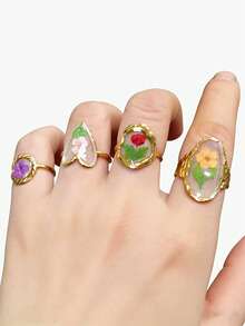 New Handmade Dried Flower Oil Drop Ring, Creative Stainless Steel Oval Heart Shaped Dried Flower Handmade Oil Drop Open Ring, Sweet Cute Everlasting Flower Ring For Women, Non-Fading - Multicolor - View 2