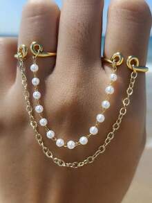 1pc Fashion Multi-Layer Tassel Chain Faux Pearl Knuckle Ring Set, Jewelry Bridal Wedding Accessory, Gift For Holidays - Multicolor - View 4